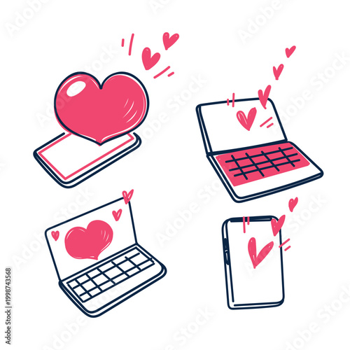 heart love and laptop tablet illustration collection hand drawn doodle style