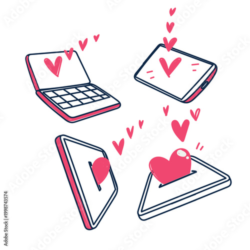 heart love and laptop tablet illustration collection hand drawn doodle style
