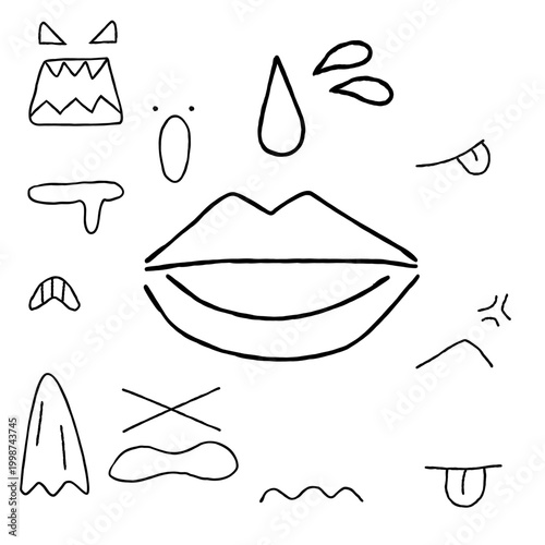 手描きの口関係の漫画風表情パーツセット