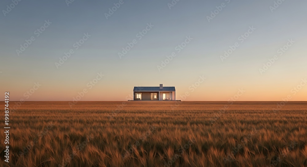 Fototapeta premium Modern Minimalist House in Golden Wheat Field at Sunset