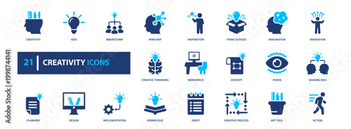 Creativity icon set. innovation, idea, design, imagination, concept. solid style icon collection.