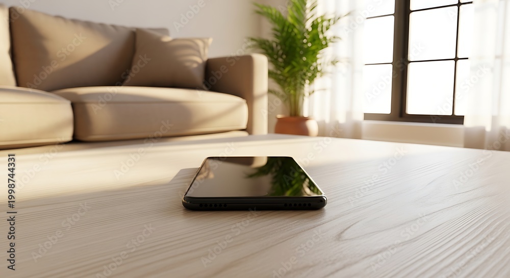 Fototapeta premium Smartphone lying on a light wood surface in a bright apartment. Natural sunlight illuminates the cozy interior with blurred furniture. Ideal for app developer marketing or social media.