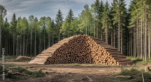 Large Pile of Cut Timber in a Forest Clearing.