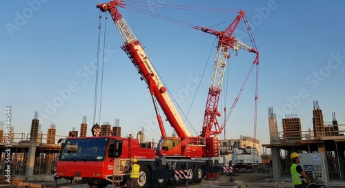 Large Red Crane on Construction Site Under Blue Sky.