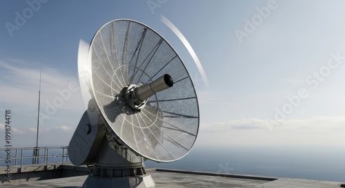 Large Satellite Dish on Rooftop with Blue Sky Background.