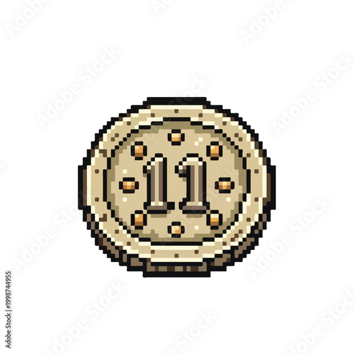 A circular pixel art token featuring the number eleven at its center, adorned with golden square accents and a textured beige surface.