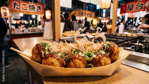 Authentic Japanese Takoyaki Served in Boat Shaped Plate at Night Market