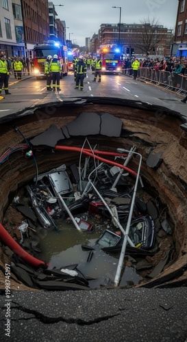Large Sinkhole in City Street with Emergency Vehicles.
