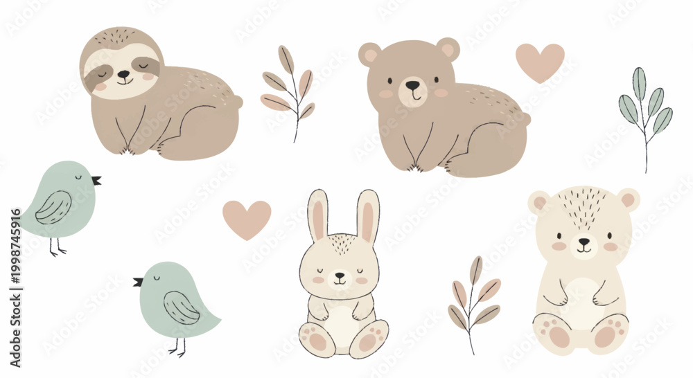 Fototapeta premium Adorable baby animals collection - sloth, bear, rabbit, and birds.