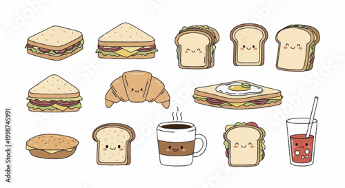 Adorable Breakfast Food Collection - Sandwiches, Toast, Croissant, Coffee, and Juice.