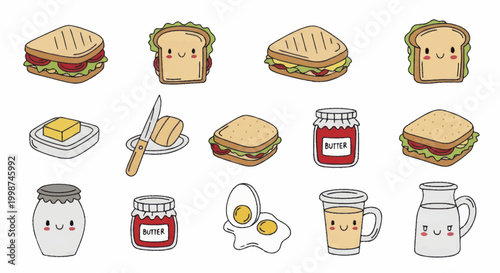 Adorable Breakfast Food Items Cartoon Collection.