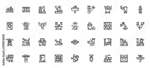 Plumber icon set. Vector plumbing tools and fixtures collection. Includes sink, toilet, wrench, pipe, boiler, shower, leak, valve and more. Editable stroke.
