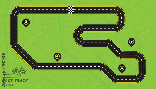 Creative vector illusion of race track or road symbol isolated on green background.