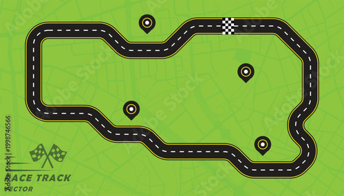 Creative vector illusion of race track or road symbol isolated on green background.