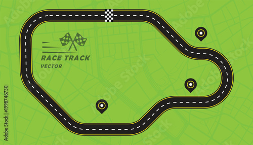 Creative vector illusion of race track or road symbol isolated on green background.