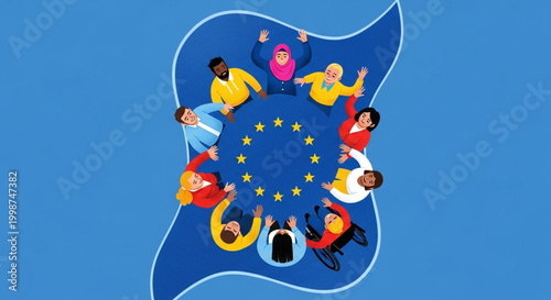 A diverse community of people representing inclusion, unity, and equality within the European context, fostering collaboration and shared values