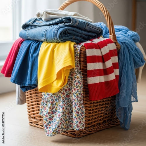 Laundry Basket Overflowing with Colorful Clothes Ready for Washing.