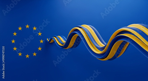 Dynamic abstract representation of the European flag, with blue and yellow ribbons flowing gracefully, symbolizing unity, collaboration, and progress across Europe