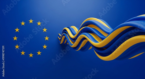 Dynamic abstract illustration of the European Union flag, blending classic stars with a modern flowing blue and yellow ribbon, symbolizing unity, collaboration, and European identity