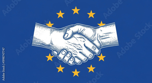 Detailed engraving of two hands shaking, symbolizing a strong partnership, unity, and agreement within Europe, framed by a circle of golden stars