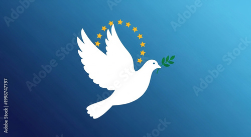 Symbolic illustration of a white peace dove carrying an olive branch, encircled by golden stars against a serene blue gradient, representing global unity and hope for a brighter future