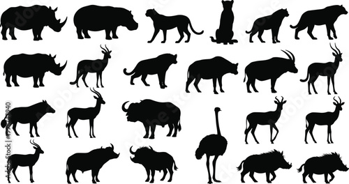 African safari animals silhouette set. wild fauna collection. various creatures of jungle
