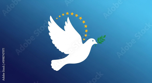 A peaceful dove carrying an olive branch and a circle of stars on a blue background, symbolizing hope and unity
