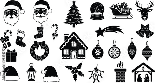 Christmas and winter holiday black silhouette set. new year celebration decorative objects