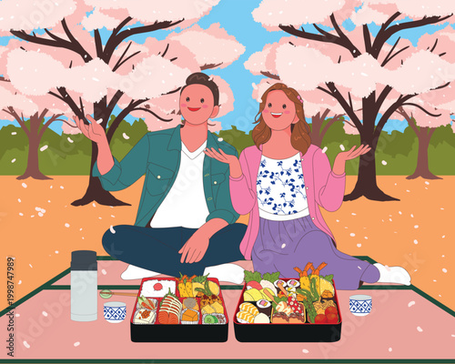 A serene and joyful gathering of a couple sharing a bento meal under cherry blossoms. This peaceful outing captures the harmony and relaxation of a spring hanami party in the park.