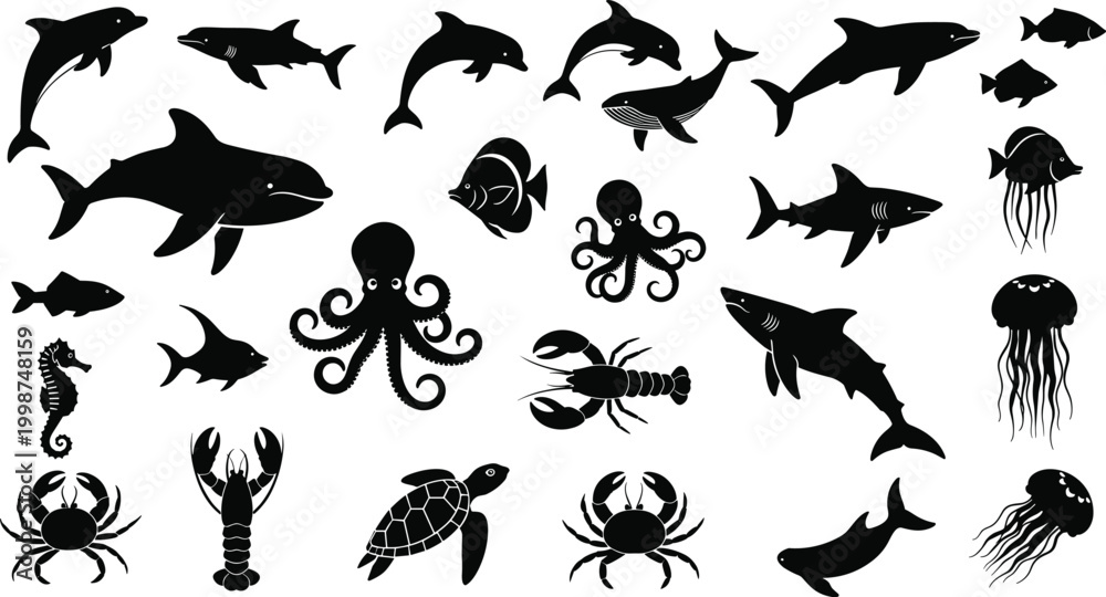 Fototapeta premium Marine life silhouette collection featuring sea animals like sharks dolphins octopus and fish