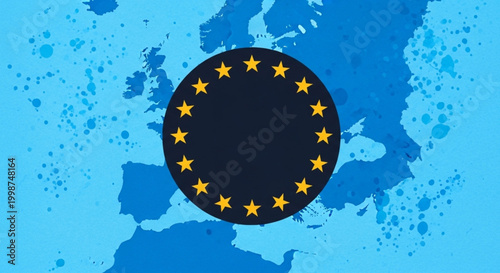 Modern graphic illustration symbolizing European unity and collaboration, featuring the star circle emblem against a stylized continent map on a vibrant blue textured background