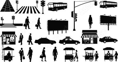 Urban city life silhouettes with people walking near street shops bus stops and traffic signs