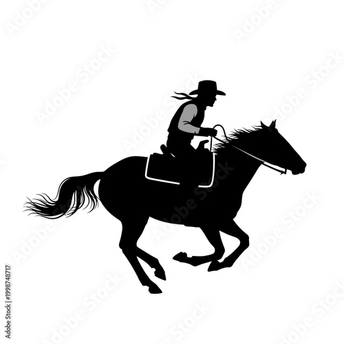 Black silhouette of a cowboy wearing a hat and vest riding a galloping horse at full speed, horse in mid-stride with tail and mane flowing, isolated on a plain white background.