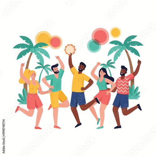 Flat vector illustration of five diverse adults dancing on a tropical beach with palm trees, including a man with a tambourine and colorful abstract circular background elements.
