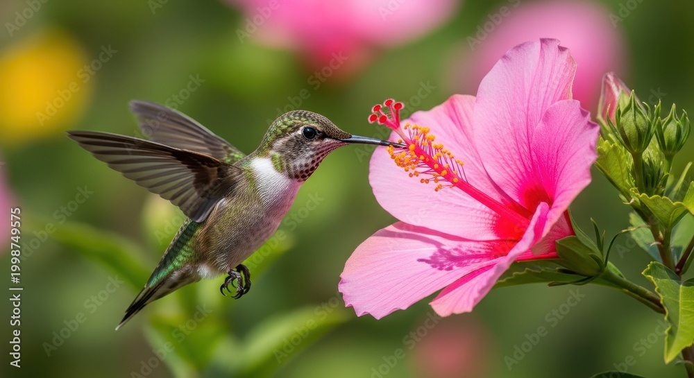 Fototapeta premium Hummingbird Hovering Near Pink Hibiscus Flower in Sunshine.