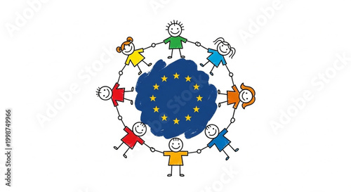 A heartwarming illustration of diverse stick-figure children forming a united circle, holding hands around a starry blue emblem, embodying European harmony, cooperation, and collective hope for youth