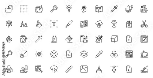 Graphic Design icon set. Vector illustration pack. Includes symbols for typography, branding, software, tools like pencil, brush, tablet and more. Editable stroke.