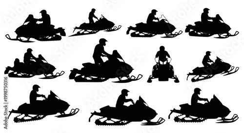 Tableau sur toile People riding snowmobiles in silhouette motion.