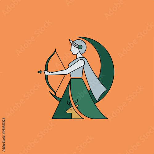 Modern Geometric Artemis Goddess Illustration with Crescent Moon .eps
