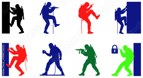 Silhouettes of people climbing doors quickly.