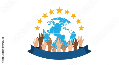 Multicultural hands reaching up towards a glowing globe surrounded by stars, symbolizing global unity and diversity