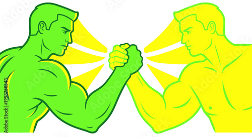Two muscular men arm wrestling competition.