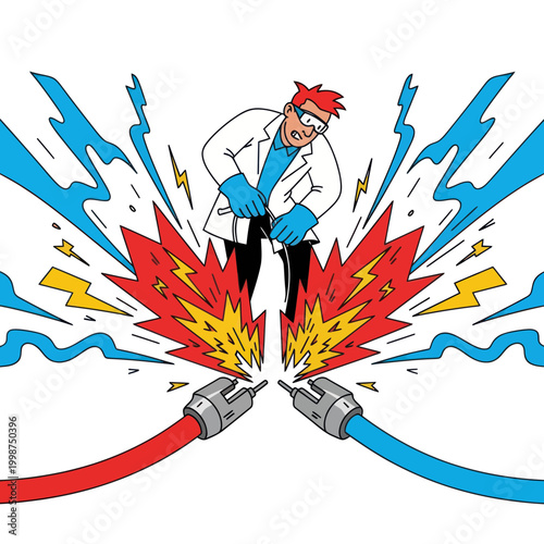 Cartoon scientist with explosive electrical wires.