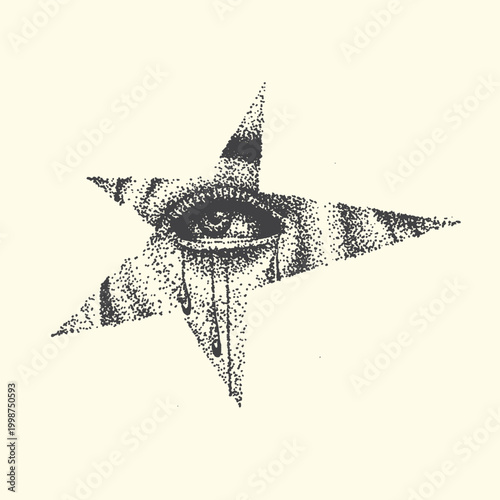 Eye within a star shape abstract surreal artwork abstract perception psychology consciousness awareness illustration monochrome detailed features stippling