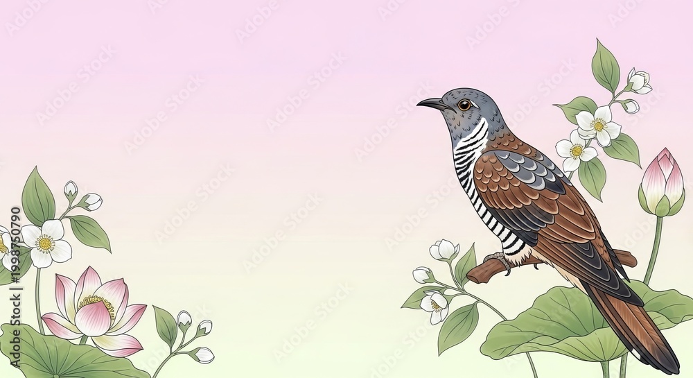 Fototapeta premium Serene Kokila Vrat Illustration with Cuckoo Bird and Floral Elements on Soft Gradient Background for Indian Hindu Cultural Festival Celebration