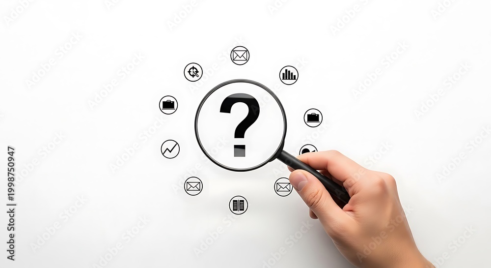 Fototapeta premium Question mark centered under a magnifying glass surrounded by circular business icons on a white background. Sharp focus and clean composition. Ideal for corporate problem solving presentations.