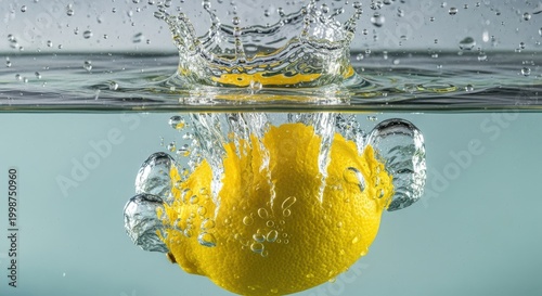 Lemon Splashing into Water Creating a Refreshing Effect.