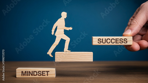 A wooden person silhouette illustrates the journey from mindset as a foundation to achieving success