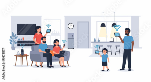 Family using wireless devices at home for communication and entertainment
