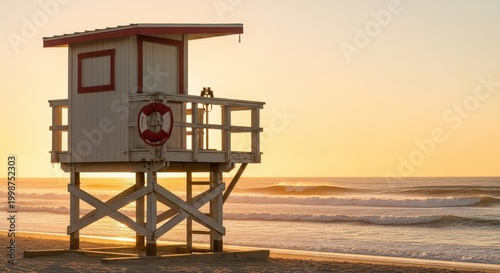 Lifeguard Station Silhouetted Against a Golden Sunset.